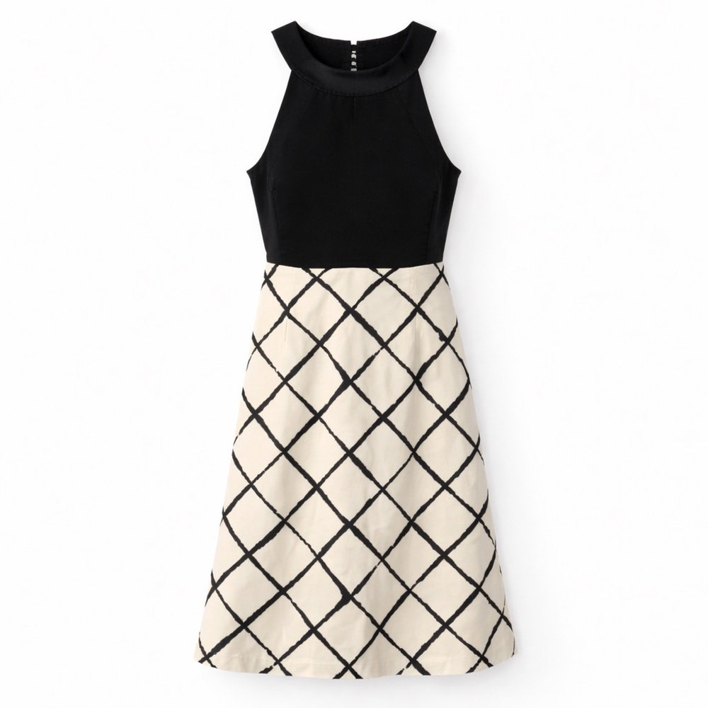 Ann Taylor 100% Silk Dress Size 2 Black Cream Geometric Fit & Flare